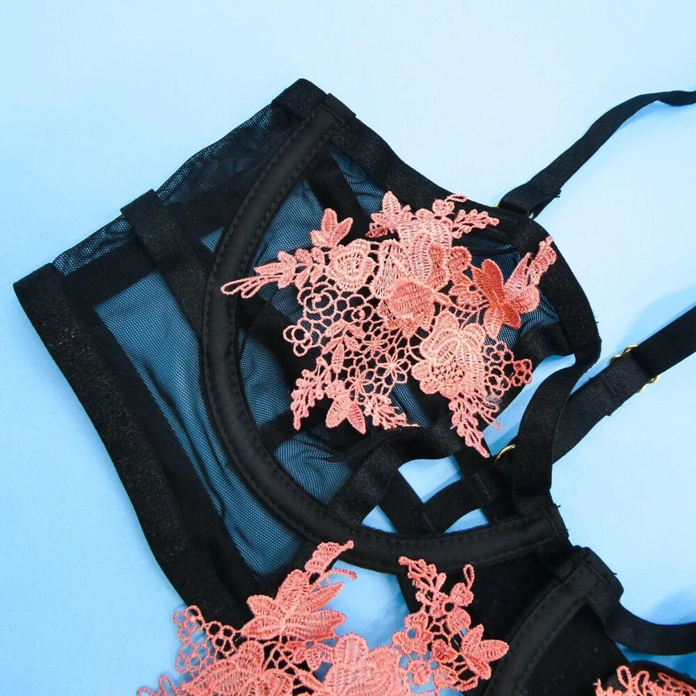 Bluebella 32B Lingerie Bra Semi‎ Transparent Mesh Black Balconette Orange Floral